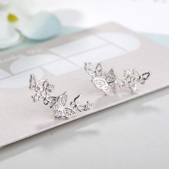 NEW Sterling Silver Diamond Butterfly Earrings P - Picture 2 of 6
